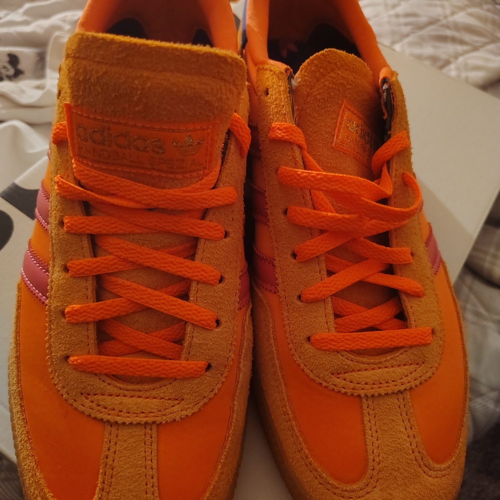 Adidas Bold Orange Sneakers with Pink Highlights